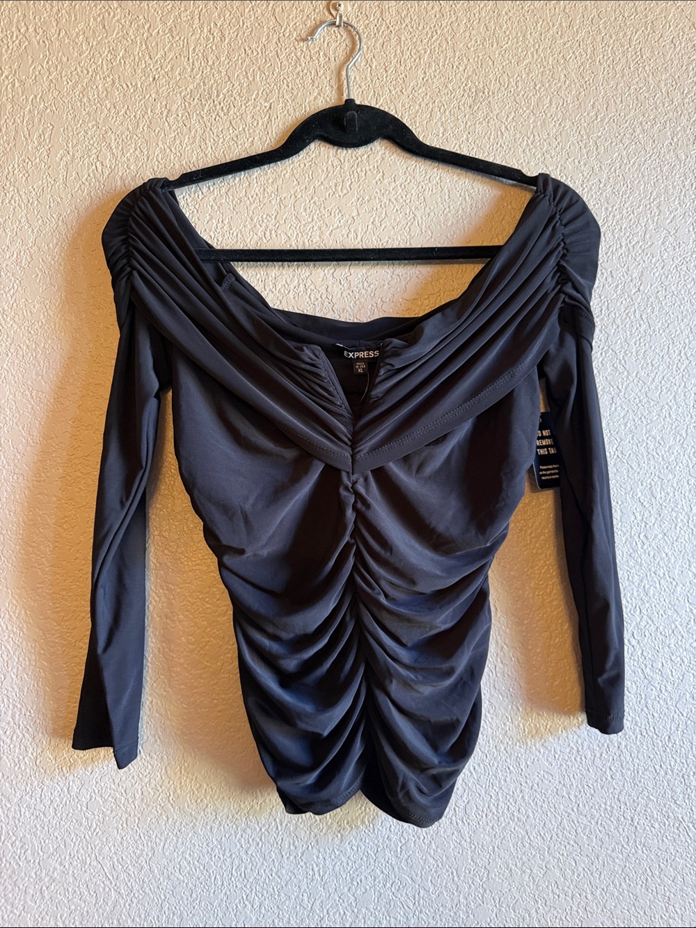 Express Black Off-Shoulder Ruched Long Sleeve Top